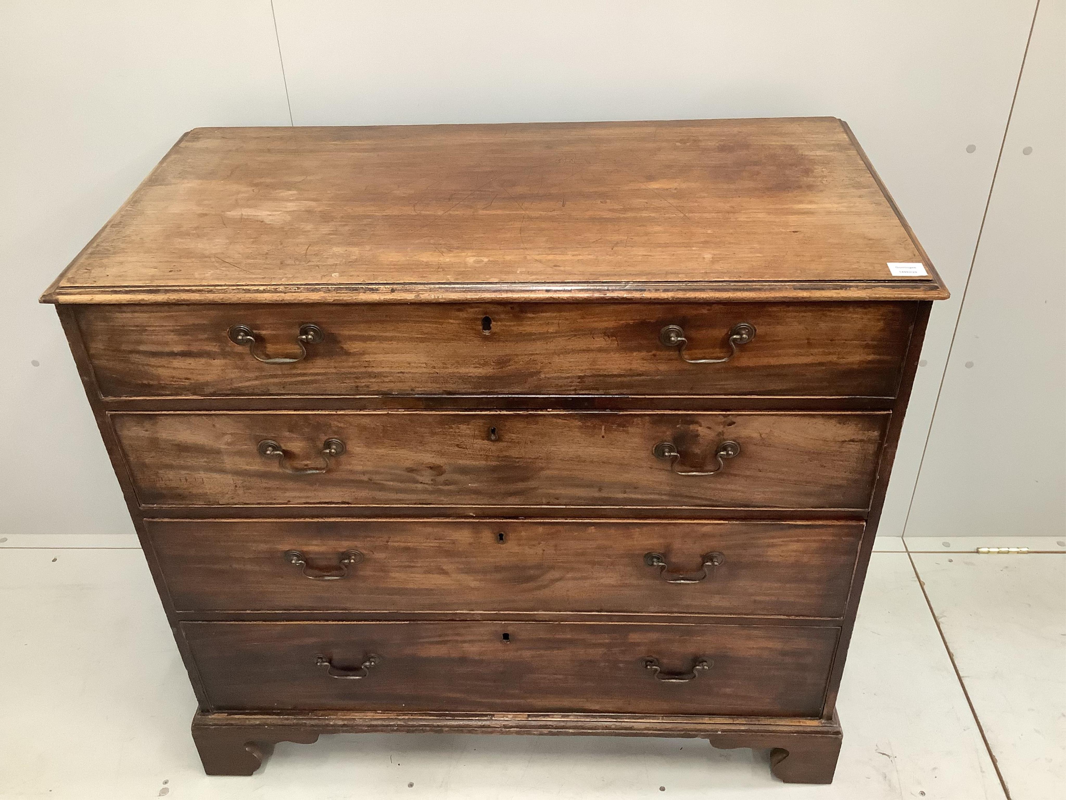 A George III mahogany four drawer chest, width 108cm, depth 55cm, height 97cm. Condition - fair